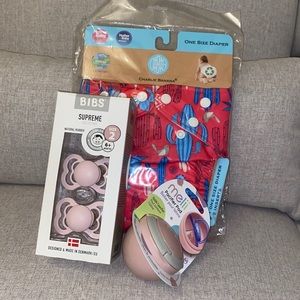 Baby Gift - BIBS Pacifier Set, Melii Pacifier Pod, & Charlie Banana Diaper (NWT)